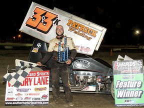 Kyle Patrick of Tilbury celebrates his victory in the Southern Ontario Sprints feature Saturday at South Buxton Raceway. (JAMES MACDONALD/Special to The Daily News)