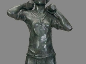 This sculpture shows a woman carefully balancing two shells, one on each shoulder. Handling explosives was dangerous work. A dropped shell or a wayward spark could mean disaster for a munitions factory and its workers.  The sculpture is now on display at the Canadian War Museum. 
Sculpted by Frances Loring between 1918 and 1919.