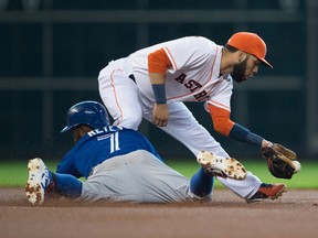 Toronto Blue Jays shortstop Jose Reyes slides into the leg of Houston Astros shortstop Marwin Gonzalez during the first inning at Minute Maid Park in Houston on Aug. 3, 2014. (JEROME MIRON/USA TODAY Sports)
