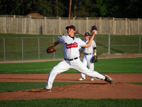 St. Thomas Tomcats pitcher Kyle Zimmer leans toward the plate in the fourth inning of a game against the Brantford Braves. 

File photo