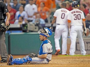 Blue Jays catcher Josh Thole reacts at home plate after Jon Singleton scored on an inside-the-park home run this weekend. (USA TODAY SPORTS)