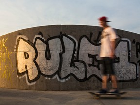 Graffiti is seen at the recently-opened Capilano skate park in Edmonton, Alta., on Sunday, Aug. 3, 2014. Codie McLachlan/Edmonton Sun/QMI Agency