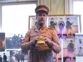 A replica of General Sir Arthur Currie's bronze statue in clay during artist Adrienne Alison's creative process. The larger-than-life-sized statue was unveiled in Strathroy August 4.  SUBMITTED