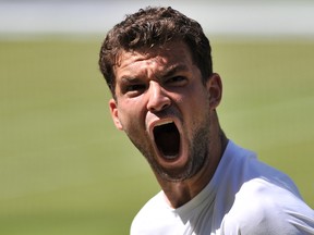 Bulgaria's Grigor Dimitrov reacts to winning a point against Serbia's Novak Djokovic during their men's singles semifinal match on day 11 of  the 2014 Wimbledon Championships at The All England Tennis Club in Wimbledon, southwest London, on July 4, 2014. (AFP PHOTO / GLYN KIRK)