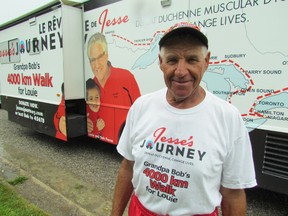 Bob Facca, of London, reached Lambton County Tuesday during his 4,000-km walk across Quebec and Ontario to raise money for research into a cure for Duchene muscular dystrophy. His six-year-old grandson Louie, has the disease. The walk, connected with the charity Jesse's Journey, is called Grandpa Bob's 4000 km walk for Louie. It is expected to reach Sarnia on Wednesday. PAUL MORDEN/THE OBSERVER//QMI AGENCY