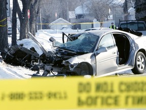 FILE: February 16, 2009  Edmonton, Alberta -- A vehicle is seen heavily damaged after crash at 55 St. and 118 Ave. The crash lead to one dead and two injured. EDMONTON SUN