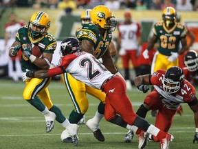 Edmonton running back Kendial Lawrence (32) has stepped in to take receiver reps while a banged-up Fred Stamps continues to sit out practises (Ian Kucerak, Edmonton Sun).