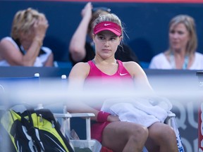 Canadian Eugenie Bouchard reacts during a break in play against American Shelby Rogers at the Rogers Cup at Uniprix Stadium on August 5, 2014. (QMI Agency)
