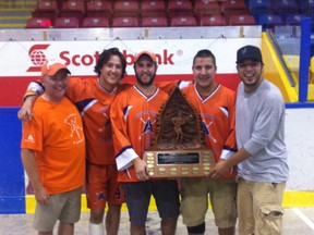 Wallaceburg lacrosse coaches Jamie Knight, left, and Justin Durston, right, pose with Six Nations Arrows players Brandon Montour, formerly of Tilbury, and Wallaceburg's Joel Shepley and Jordan Durston on August 5, after Six Nations won 13-11 in Game 4 of the Ontario junior 'A' lacrosse final. Six Nations swept Whitby 4-0 in the best-of-seven series to win the championship. The Arrows now advance to the Minto Cup junior 'A' Canadian championship being held Aug. 16-24 in Langley B.C.