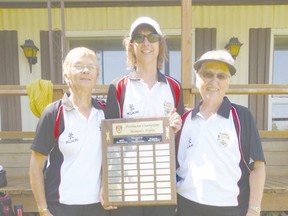 JoAnne Bugler, Kay Johns and Sharon Farrish proudly display their Provincial Champions Women’s Triples award.