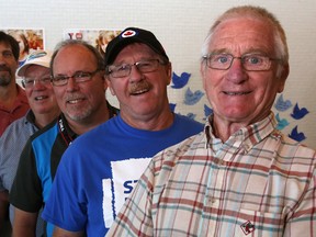 Luke Hendry/The Intelligencer
YMCA Strong Kids campaign raffle winner Ted Browne, far right, of Trenton, stands with campaigners Wednesday, in Trenton. With him from left are Belleville campaign chairman Bill Glisky, Quinte West Coun. Jim Harrison, YMCA of Central East Ontario regional director Dave Allen and Quinte West campaign chairman Duncan Armstrong.