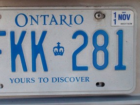 An Ontario licence plate. (QMI Agency file photo)