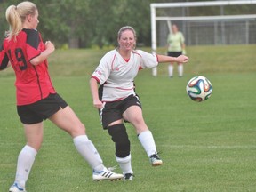 Caitlin Pringle of the Portage Blaze kicks the ball during Portage's 1-0 loss to Victorious Secret Aug. 6. (Kevin Hirschfield/The Graphic)