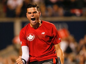 Canadian Milos Raonic won but had his struggles against American Jack Sock at the Rogers Cup Tennis Tournament at the Rexall Centre on August 6, 2014. (Stan Behal/Toronto Sun/QMI Agency)