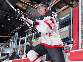 Canada’s Zach Nastasiuk hits the ice before last night’s game against Russia in Sherbrooke, Que. (MATTHEW MURNAGHAN/HOCKEY CANADA)