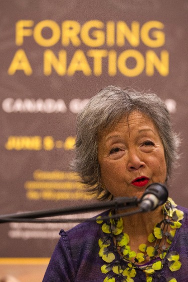 Hon. Colonel-in-Chief PPCLI Adrienne Clarkson speaks at the official opening of Forging A Nation: Canada Goes To War at the University of Alberta Museums Enterprise Square Galleries in Edmonton, Alta., on Wednesday, Aug. 6, 2014. The art exhibition runs through Aug. 16, and coincides with the 100th anniversary of the Princess Patricia's Canadian Light Infantry. Ian Kucerak/Edmonton Sun/QMI Agency