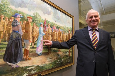 Painter and curator Bill Bewick poses next to his painting of a 1914 colour ceremony at Lansdowne Park in Ottawa involving Princess Patricia (in blue) and the regiment named in her honour at the official opening of Forging A Nation: Canada Goes To War at the University of Alberta Museums Enterprise Square Galleries in Edmonton, Alta., on Wednesday, Aug. 6, 2014. The art exhibition runs through Aug. 16, and coincides with the 100th anniversary of the Princess Patricia's Canadian Light Infantry. Ian Kucerak/Edmonton Sun/QMI Agency