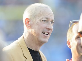 Jim Kelly on the sidelines prior to the game between the Buffalo Bills and the New York Giants at the 2014 NFL Hall of Fame Game at Fawcett Stadium on August 3, 2014 in Canton, Ohio. (Jason Miller/Getty Images/AFP)