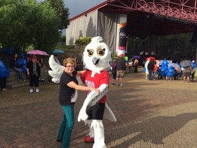 Mayoral candidate Judy Wasylycia-Leis dances with Sheume, the 2015 Women's World Cup of Soccer mascot, at The Forks on July 26, 2014. (TWITTER PHOTO)
