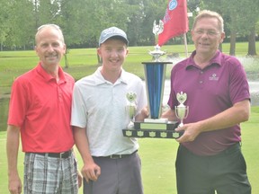 Micah Zacharias, middle, won his second straight Portage Credit Union Junior Open title Aug. 7. Also pictured are Portage Golf Club president Preston Meier, left, and Portage Credit Union CEO Dave Omichinski. (Kevin Hirschfield/THE GRAPHIC)