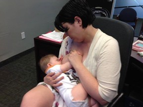 Oshawa regional councillor Amy England posted this picture of herself breastfeeding at work. (Supplied photo)