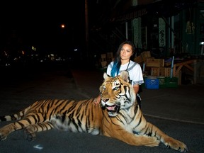 Toronto rapper Tasha the Amazon poses with Robbie, a 17-year-old Bengal tiger, after the big cat put in an appearance in Tasha's latest video shot in Kensington Market. (photo by Eric Zaworski)