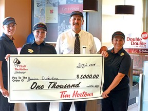 Jessica DeBackere of Tillsonburg is the latest recipient of a $1,000 Tim Hortons Scholarship, awarded for her commitment to giving back to the community. From left are Marybeth Scanlan (Tillsonburg manager), DeBackere, Randy Salverda (Tillsonburg owner), and Sheila Klassen (Tillsonburg manager) at the Broadway Tim Hortons Wednesday afternoon. CHRIS ABBOTT/TILLSONBURG NEWS