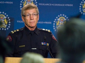 Calgary Police Chief Rick Hanson fielded questions from media at Calgary Police Service Headquarters in Calgary, Alta., at 1 p.m. on Monday, July 14, 2014.
(BRITTON LEDINGHAM /QMI AGENCY)