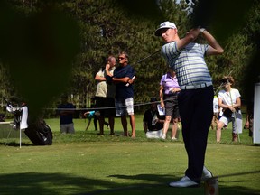 Joel Dahmen hits his tee ball on the 18th hole at during Forces & Families Open PGA Tour Canada event  Friday in Ottawa. (Mark Knight/Ottawa Sun)