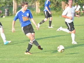 Ben Wettlaufer of the Portage Aeros moves the ball during the Aeros' 2-1 win over Kildonan Aug. 8. (Kevin Hirschfield/The Graphic)