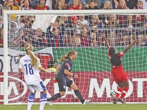 Canada’s Nichelle Prince celebrates after scoring the game-winning goal during Friday night’s match against Finland. (DAVE THOMAS/Toronto Sun)