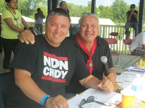 Bonnie Kogos/The Sudbury Star
Two masters of ceremonies: Dennis Bowen from the Alleghany Seneca Territory in Seneca, N.Y., and Ryan McMahon, from Couchiching First Nation. They are elegant as they host the many activities from the stage.