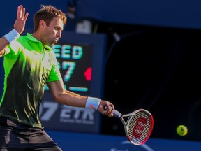 Alexander Peya and Bruno Soares play against Daniel Nestor and Nenad Zimonjic as they play doubles at The Rogers Cup at the Rexall Centre in Toronto, Ont. on Saturday August 9, 2014. (Dave Thomas/QMI Agency)