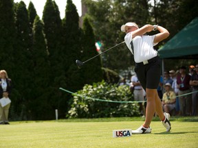 Brooke Henderson tees off during the USGA Women's Amateur Golf Championship in Glen Cove, N.Y.