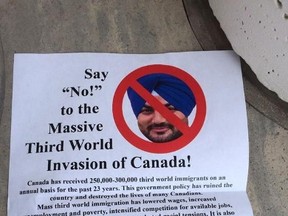 This anti-immigration flyer is the subject of a Peel Regional Police investigation. (@jagmeetNDP/Twitter photo)