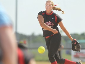 Pitcher Ashley Lanz of the Smitty's Terminators delivers during the 2014 Senior Women's Fast Pitch Canadian Championships at John Blumberg Softball Complex in Headingley, Man., on Sat., Aug. 9, 2014. (Kevin King/Winnipeg Sun/QMI Agency)