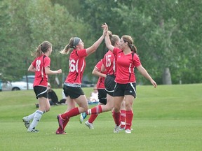 The Portage Blaze celebrate a goal during their 2-0 win over Hanover Aug. 10. (Kevin Hirschfield/The Graphic)