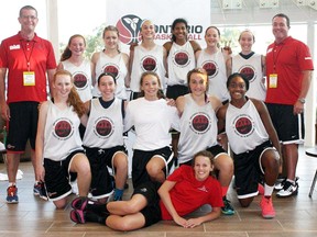 Five Chatham-Kent players – Jana Kucera, Logan Kucera, Brittany McLaren, Ally Sanderson and Jade Johnston – helped the St. Clair regional girls basketball team won silver medals at the Ontario Summer Games on Sunday in Windsor. Team members are, front row: Sam Bremner. Middle row, left: Jade Johnston, Logan Kucera, Stephanie Shaw, Morgan Wagg and Shelby Thomas. Back row: coach Jeff Byrne, Ally Sanderson, Kayla Williams, Lucia McElwain, Jenna Taylor, Brittany McLaren, Jana Kucera and assistant coach Kirby Sanderson. (Contributed Photo)