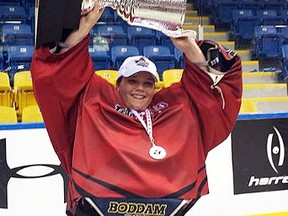 Emily VanDamme celebrates after winning gold with Team Ontario at the Canadian junior women's lacrosse championship on Aug, 9 in Whitby.
