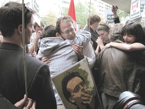 "Prince of Pot" Marc Emery tearfully embraces supporters outside of Supreme Court in Vancouver.
(File photo)