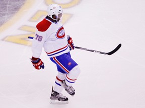 Montreal Canadiens' P.K. Subban celebrates his goal against the Boston Bruins during the second period of their NHL hockey game at TD Garden in Boston, Massachusetts March 27, 2013. REUTERS/Jessica Rinaldi