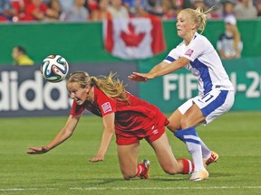Canada’s Rebecca Quinn gets pushed down by Finland’s Adelina Engman during their game at BMO Field last week. (DAVE THOMAS/Toronto Sun)