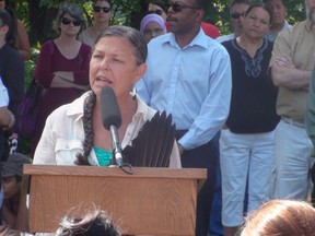A monument honouring Manitoba's missing and murdered Aboriginal women and girls was unveiled at The Forks' Oodena Celebration Circle Aug. 12, 2014.  Leslie Spillett, executive director of Ka Ni Kanichuk, spoke at the event. (JIM BENDER/Winnipeg Sun)
