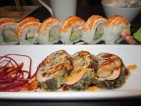 Sushi Sugoi Dynamite and Golden Dragon (foreground) rolls.
