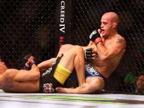 Sudbury fighter Mitch Gagnon (right) fights Dustin Kumura at UFC 165 in Toronto on Sept. 21, 2013. Gagnon was beaten by Renan Barao in his latest fight on the weekend.