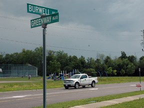 A pickup truck crosses in front of Burwell Road Park, at the intersection of Burwell Rd. and Greenway Blvd. in St. Thomas. Safety concerns have prompted city council to consider options for a pedestrian crossing near the park.

Ben Forrest/Times-Journal