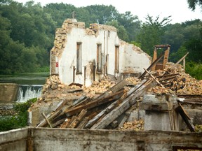 The last wall and corner still standing of the Thamesford Mill which is being demolished this summer in Thamesford. (Mike Hensen/The London Free Press)