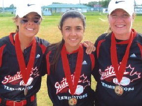 (L-R):Portagers Adrianna Boychuk, Katarina Boychuk, and Kayla Price won a silver medal with the Smitty’s Senior fastball team at the Senior Women’s Canadian Fast Pitch Championships last week in Winnipeg. (Submitted photo)