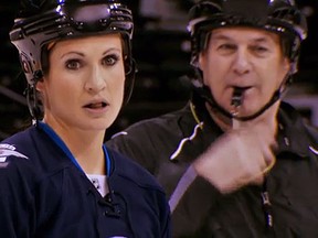 Meaghan Mikkelson looks on in disbelief as team after team jumps ahead of her and Natalie Spooner during the hockey challenge. (CTV screen shot)