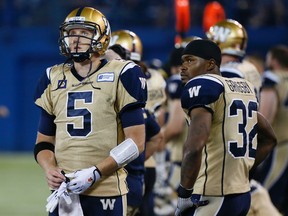 Bomber Quarterback Drew Willy (5) shows his dismay as the Toronto Argonauts beat the Winnipeg Blue Bombers  38-21 in  CFL action tonight at the Rogers Centre in Toronto, Ont. on Tuesday August 12, 2014. Stan Behal/Toronto Sun/QMI Agency